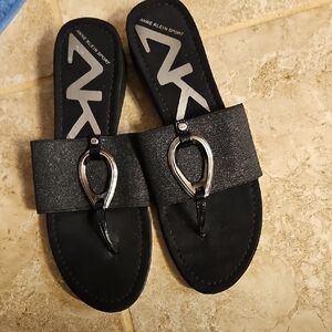 Anne Klein Black Slides with Metallic Detail